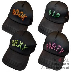 SOMBRERO GORRA TRUCKER CON FRASES FLUO SURTIDO NEGRO x 1